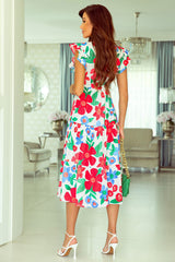 Multicolor Flutter Sleeve V Neck High Waist Floral Midi Dress