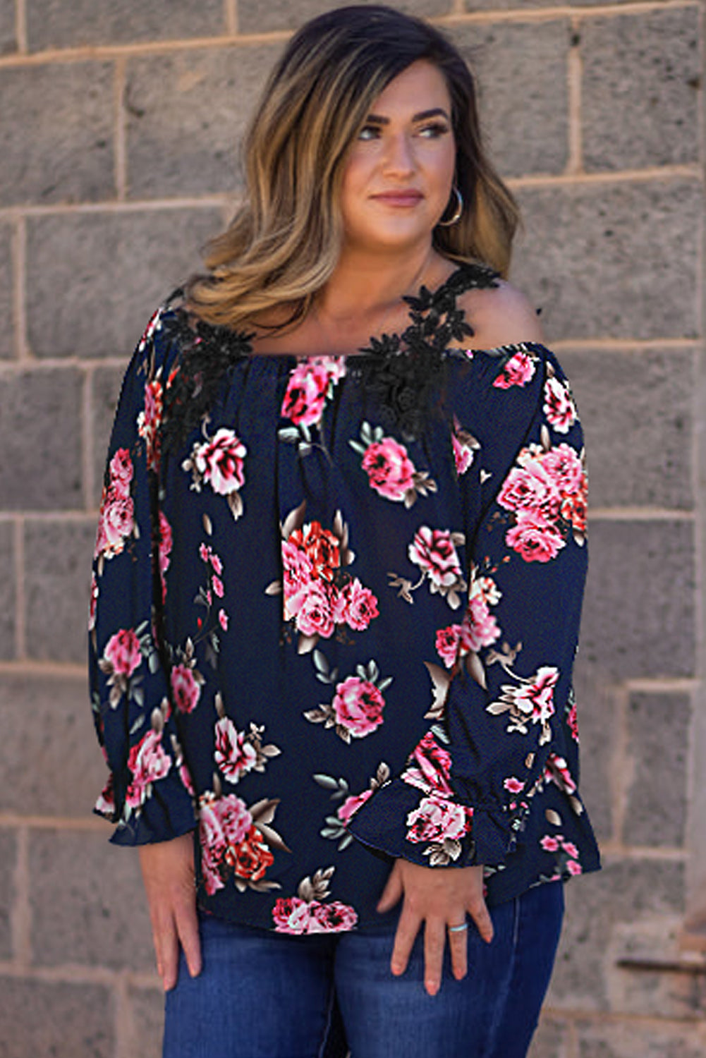 Navy Blue Plus Size Crochet Detail Cold shoulder Floral Blouse