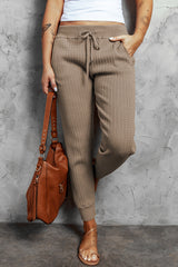 Khaki Ribbed Knit Drawstring High Waist Jogger Pants