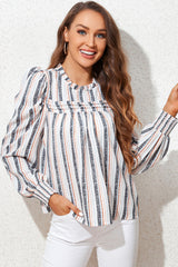 Gray Striped Colorblock Puff Sleeve Frilled Neck Blouse