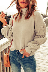 Khaki High Neck Drop Shoulder Rib Knit Sweater