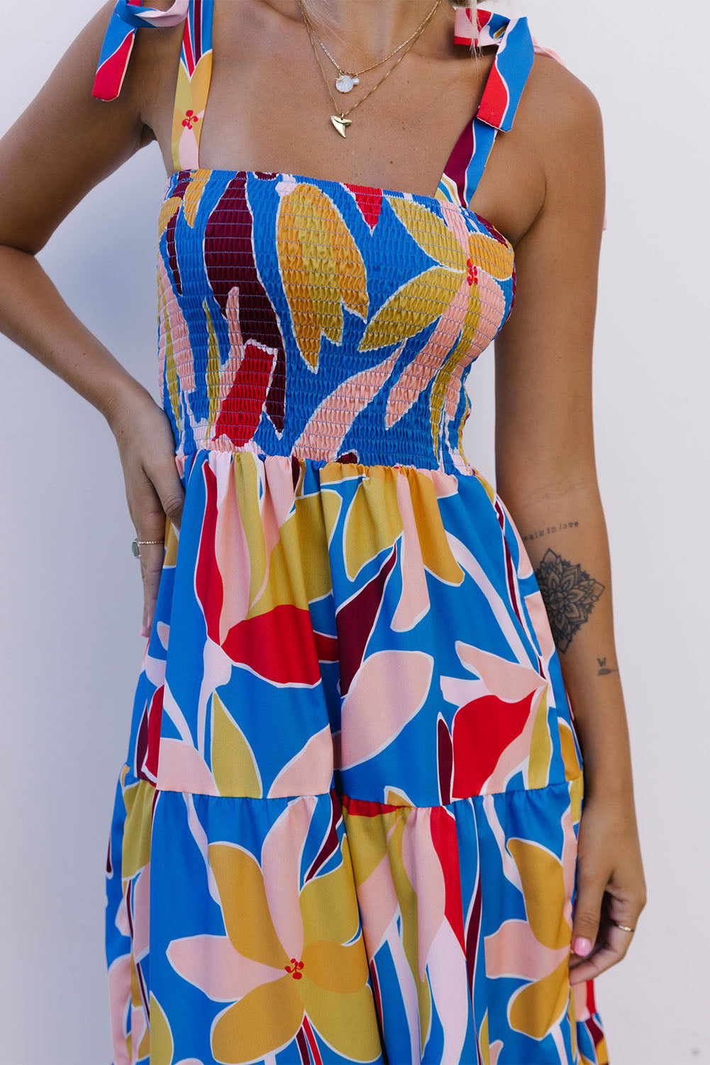 Orange Boho Print Tie Straps Smocked Maxi Dress