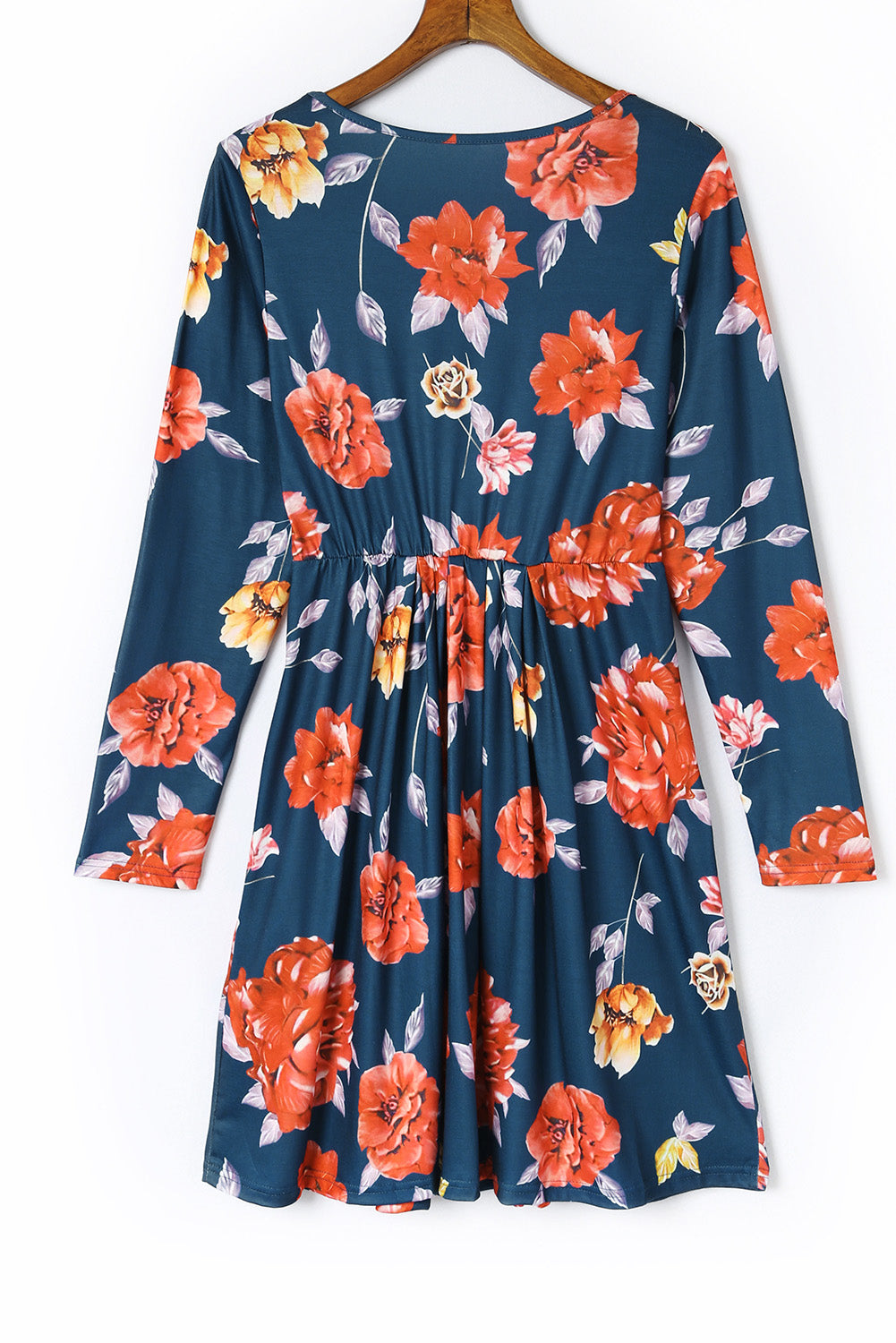 Blue Floral Pleated Long Sleeves Dress