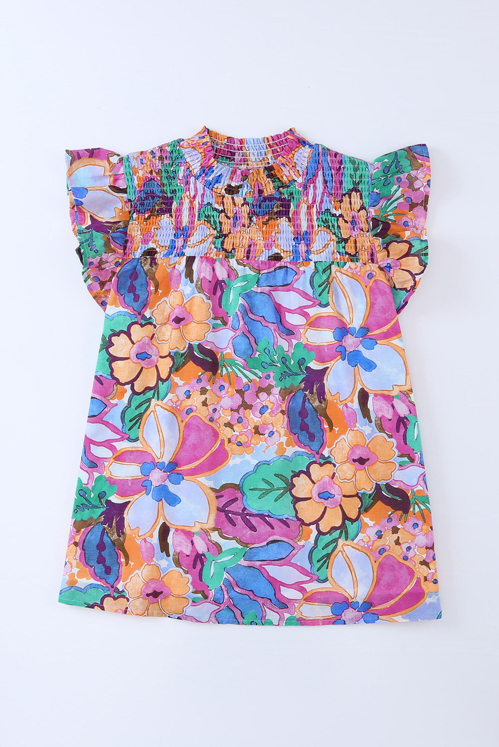 Multicolor Floral Print V Neck Puff Sleeve Mini Dress