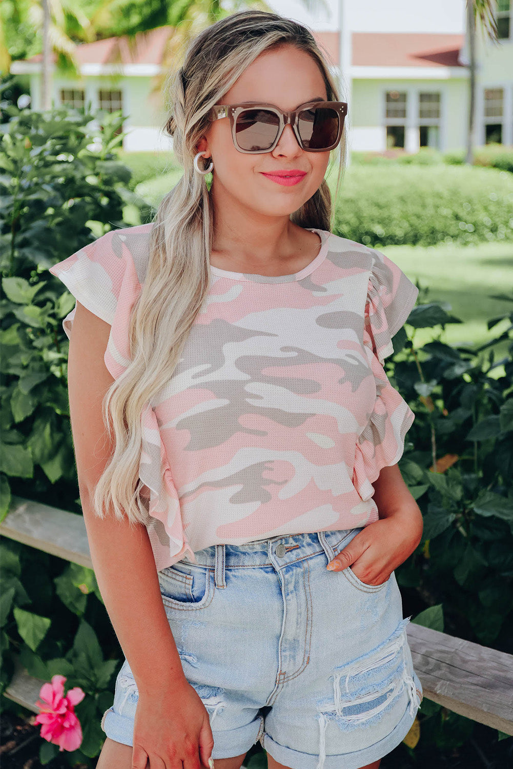 White Camo Print Ruffle Trim Tank Top