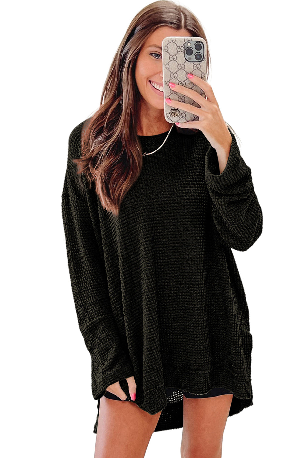 Gray Waffle Knit High Slits Oversized Top