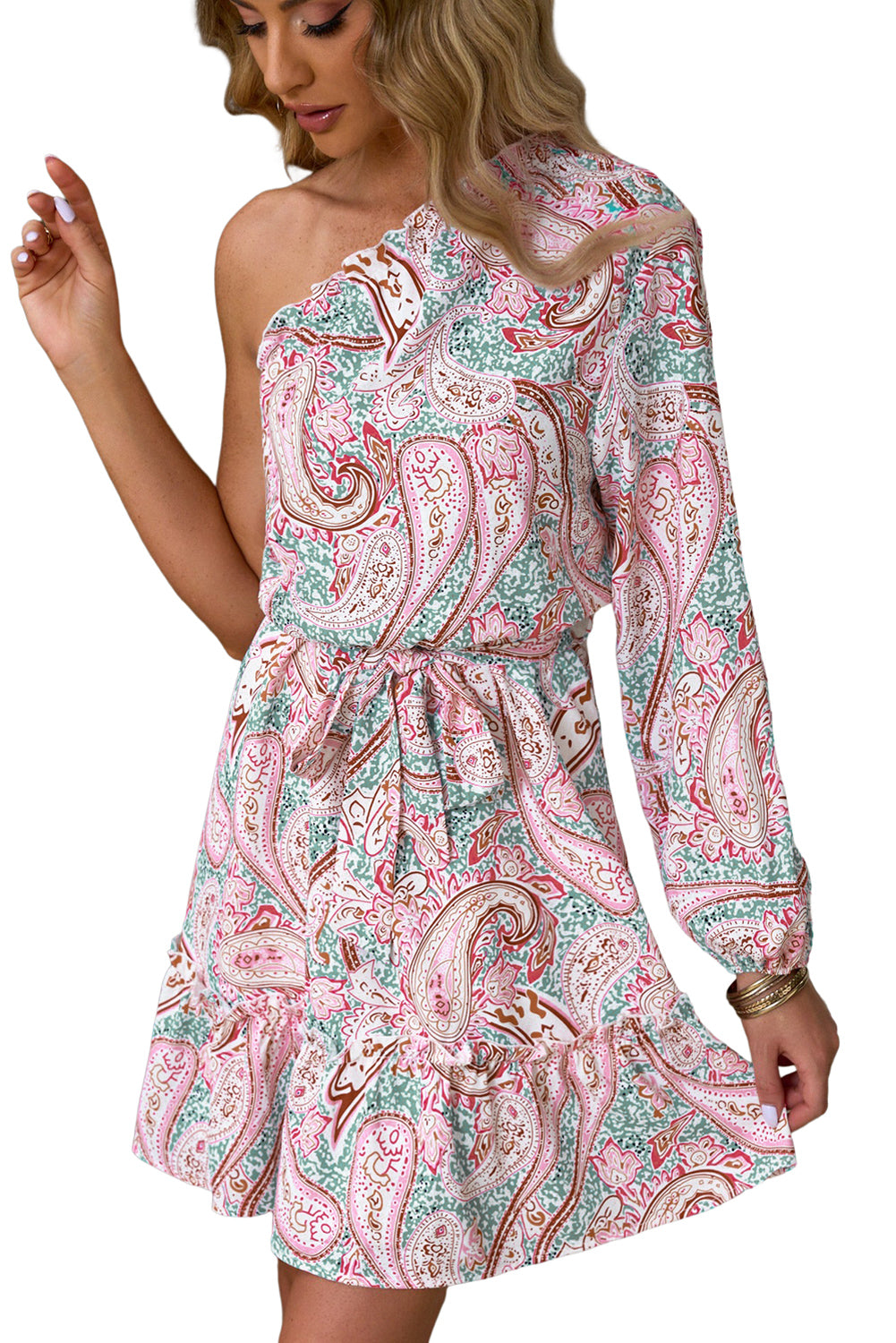 Pink Paisley Print One Shoulder Lace-up High Waist Mini Dress