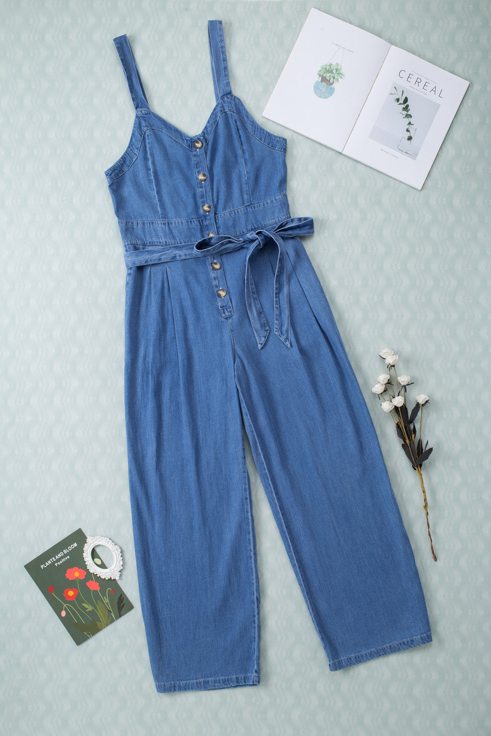 Sky Blue Buttoned Wide Leg Belted Chambray Strappy Jumpsuit