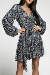 Gray Leopard Sequins V Neck Wrap Dress with Tie