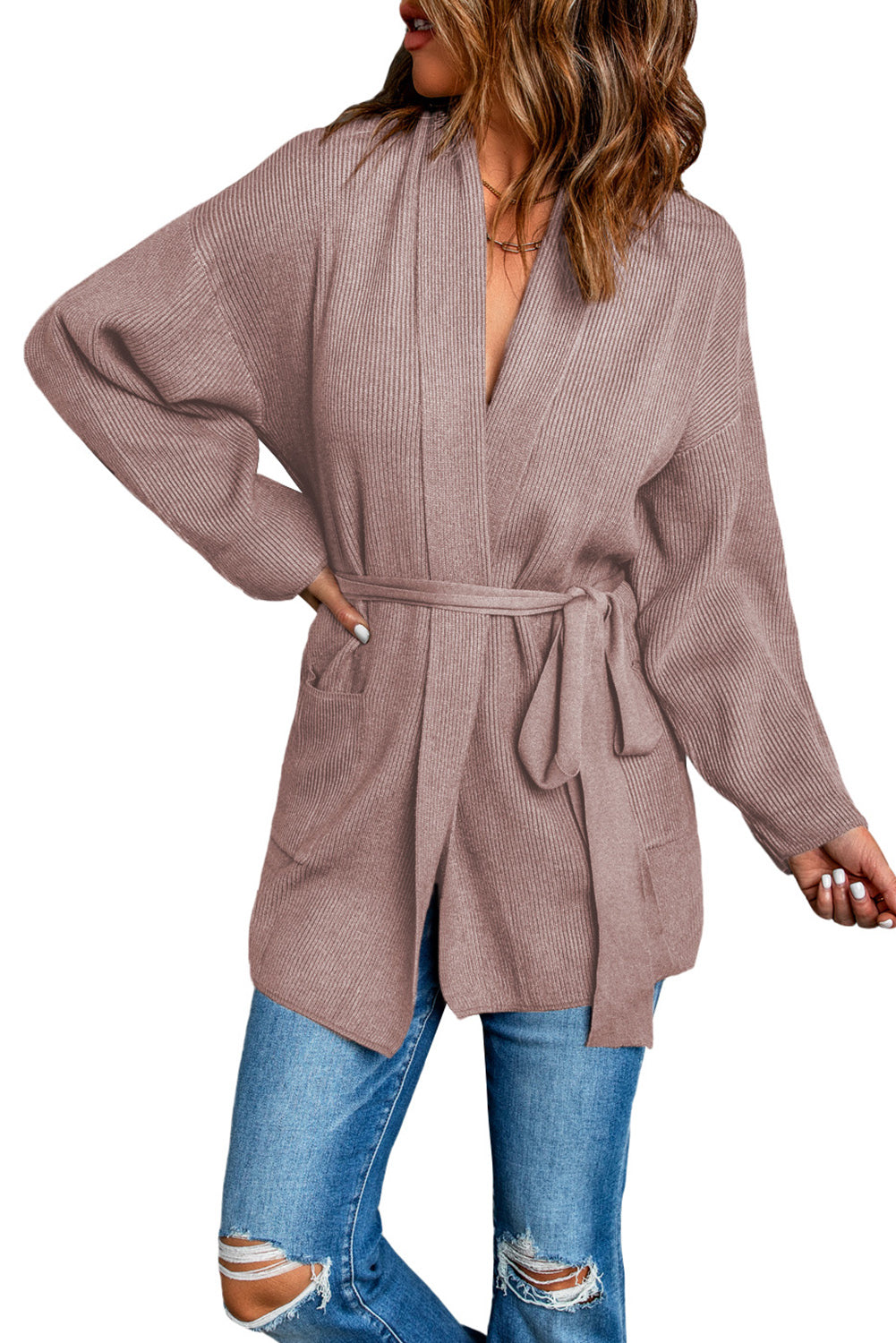 Black Robe Style Rib Knit Pocketed Cardigan with Belt