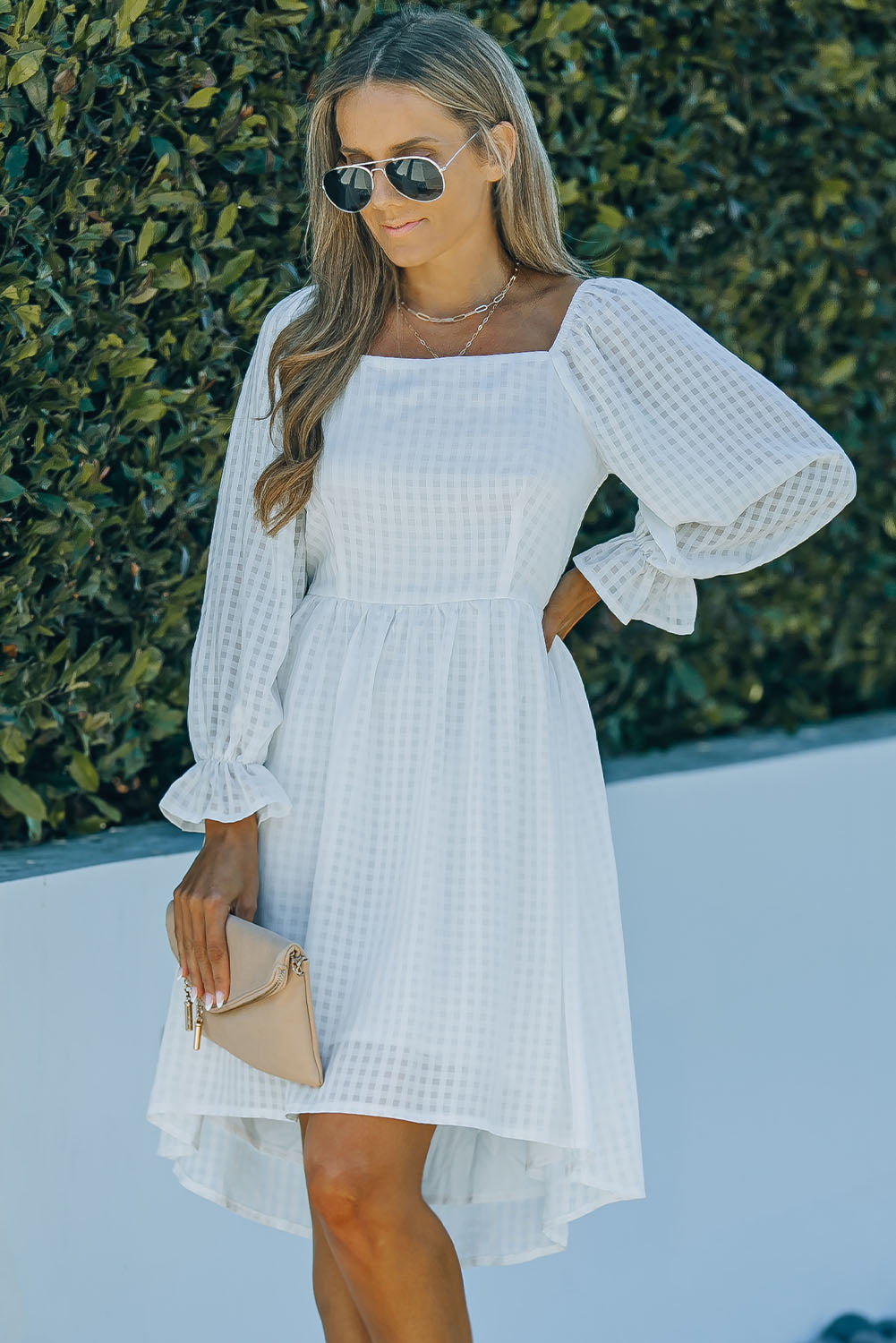 White Square Neck Smocked Back A-line Dress