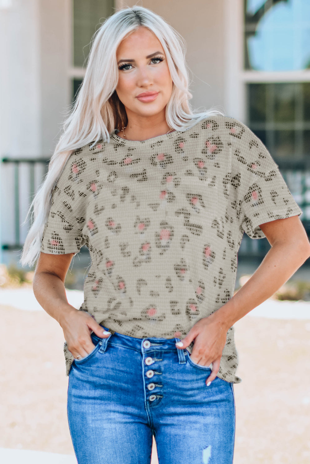 Leopard Waffle Knit Short Sleeve Top