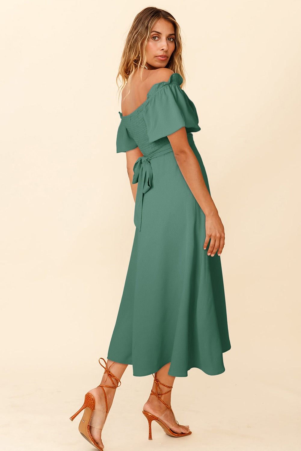 Green Off-shoulder Smocked Tie Back Midi Dress