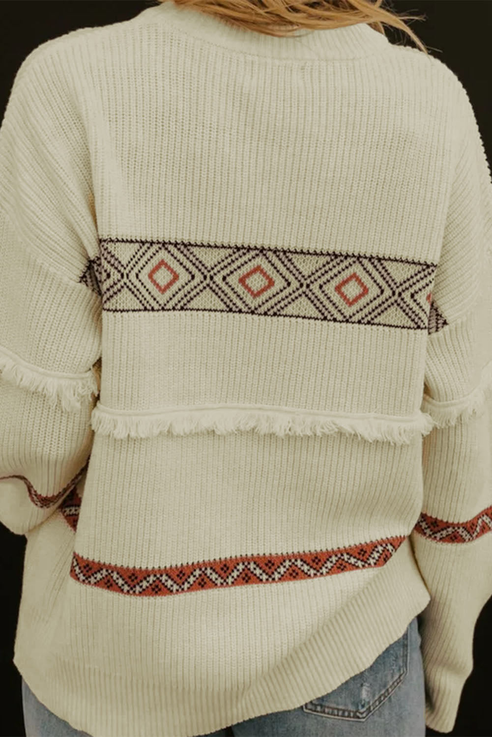 Snow White Western Geometric Print Tasseled Textured Sweater
