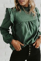 Green Solid Color Stand Neck Ruffled Puff Sleeve Blouse