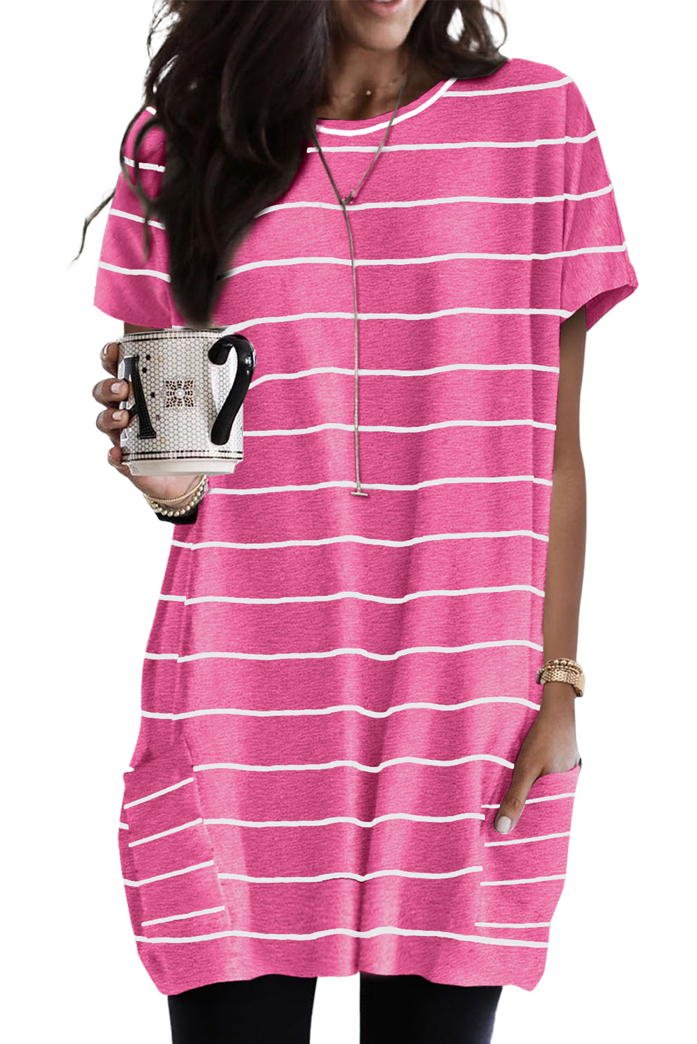 Black Striped Print Side Pockets Short Sleeve Tunic Top