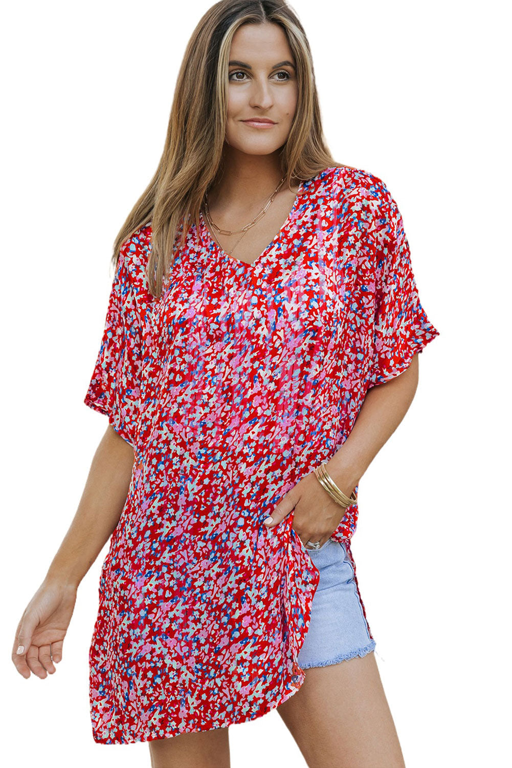 Red Abstract Floral Print Oversize Tunic Top