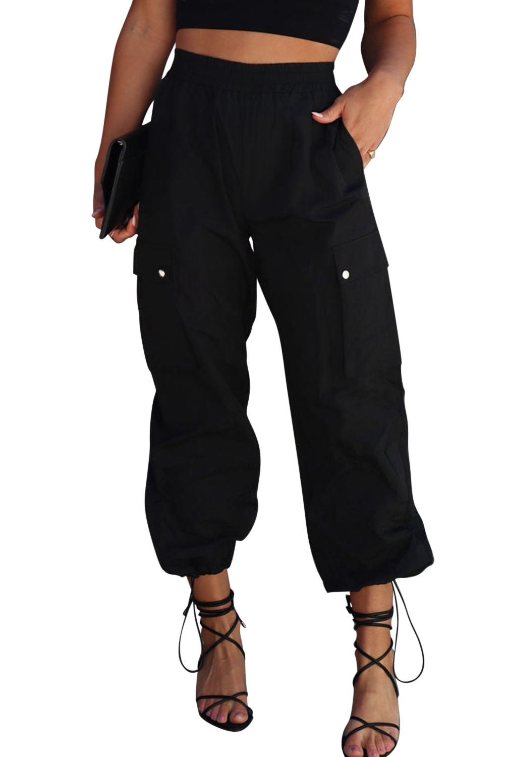 Black Elastic Waist Drawstring Cuffs Cargo Pants