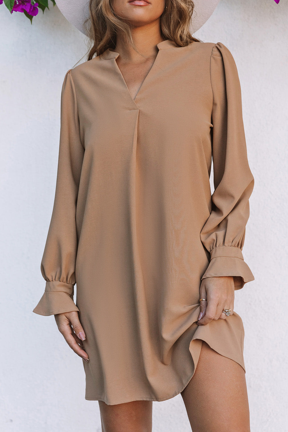 Black Split V Neck Ruffled Sleeves Shirt Dress