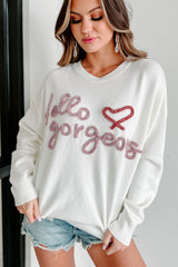 White Hello gorgeous Graphic Ribbed Trim Sweater