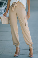 Khaki Side Pockets Slim Fit Knotted High Waist Pants