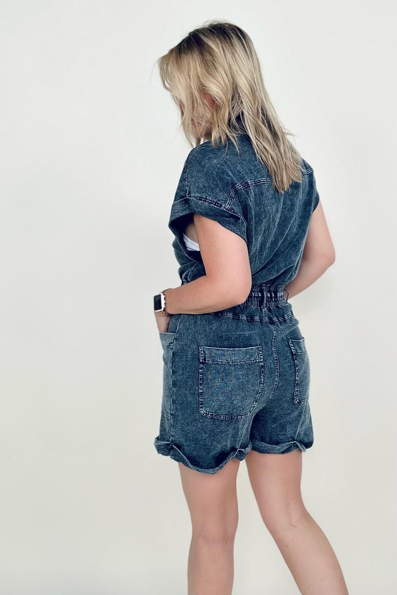 Short Sleeve Buttoned Front Woven Romper