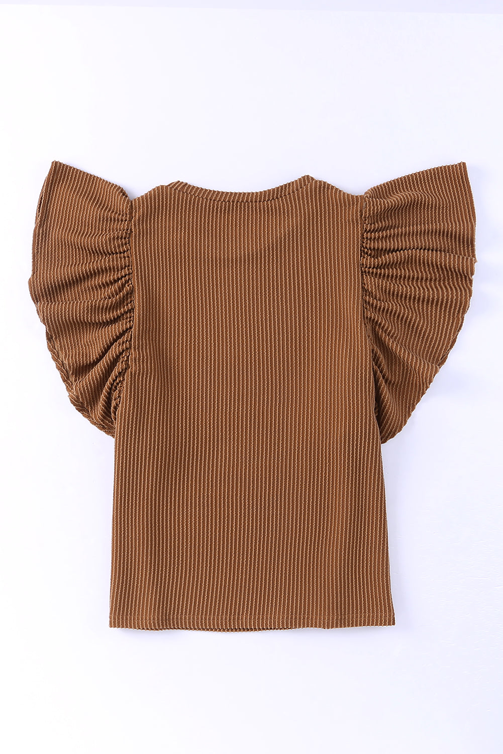 Brown Ribbed Knit Ruffled Short Sleeve T Shirt