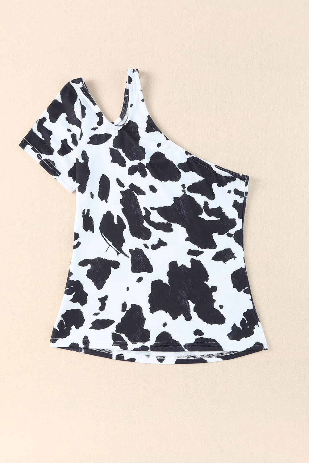 White One Shoulder Cow Print Cut out Short Sleeve Top