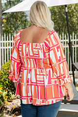 Orange Geometric Print Smocked Square Neck Plus Size Blouse