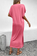 Pink Crew Neck Bat Sleeve Maxi T-shirt Dress