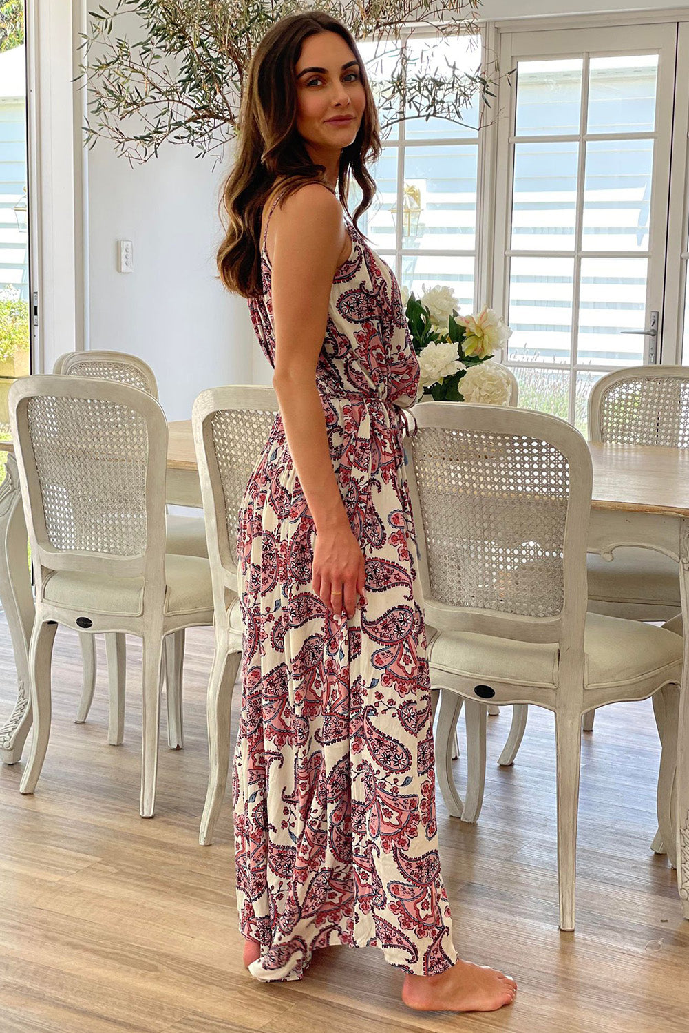White Boho Paisley Print Spaghetti Straps Maxi Dress