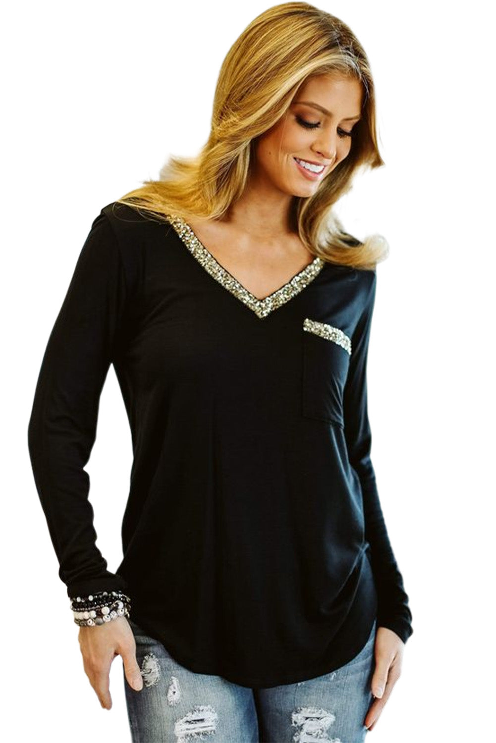 Black Glitter V Neck Chest Pocket Long Sleeve Top