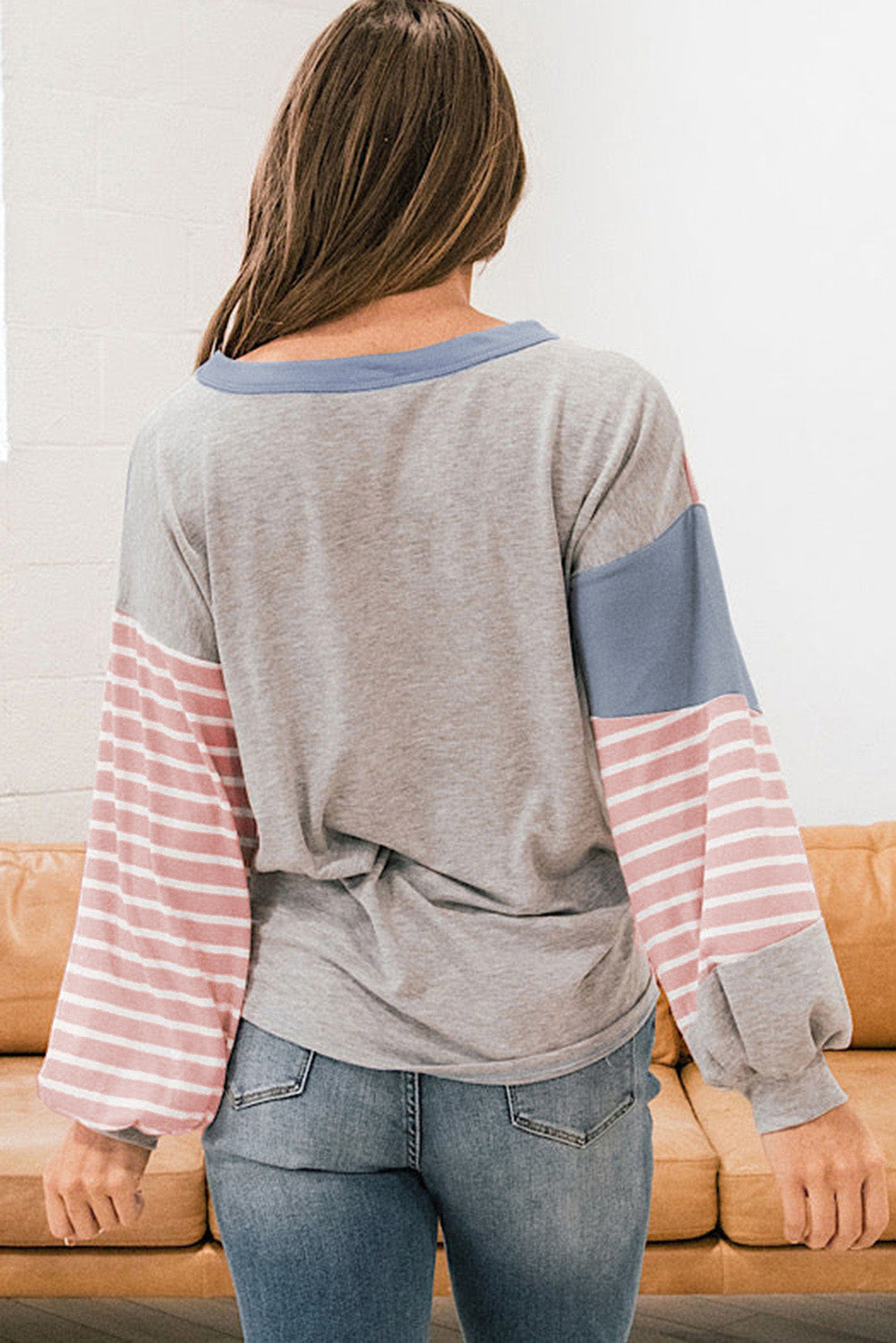 Sky Blue Striped Patchwork Color Block Long Sleeve Top