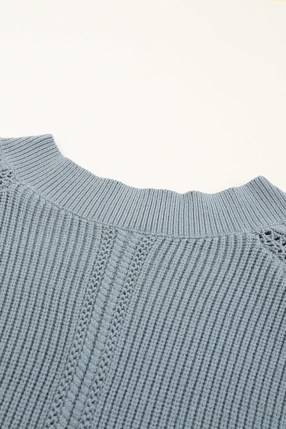 Gray Plain Hollow-out Knit Long Sleeve Pullover Sweater
