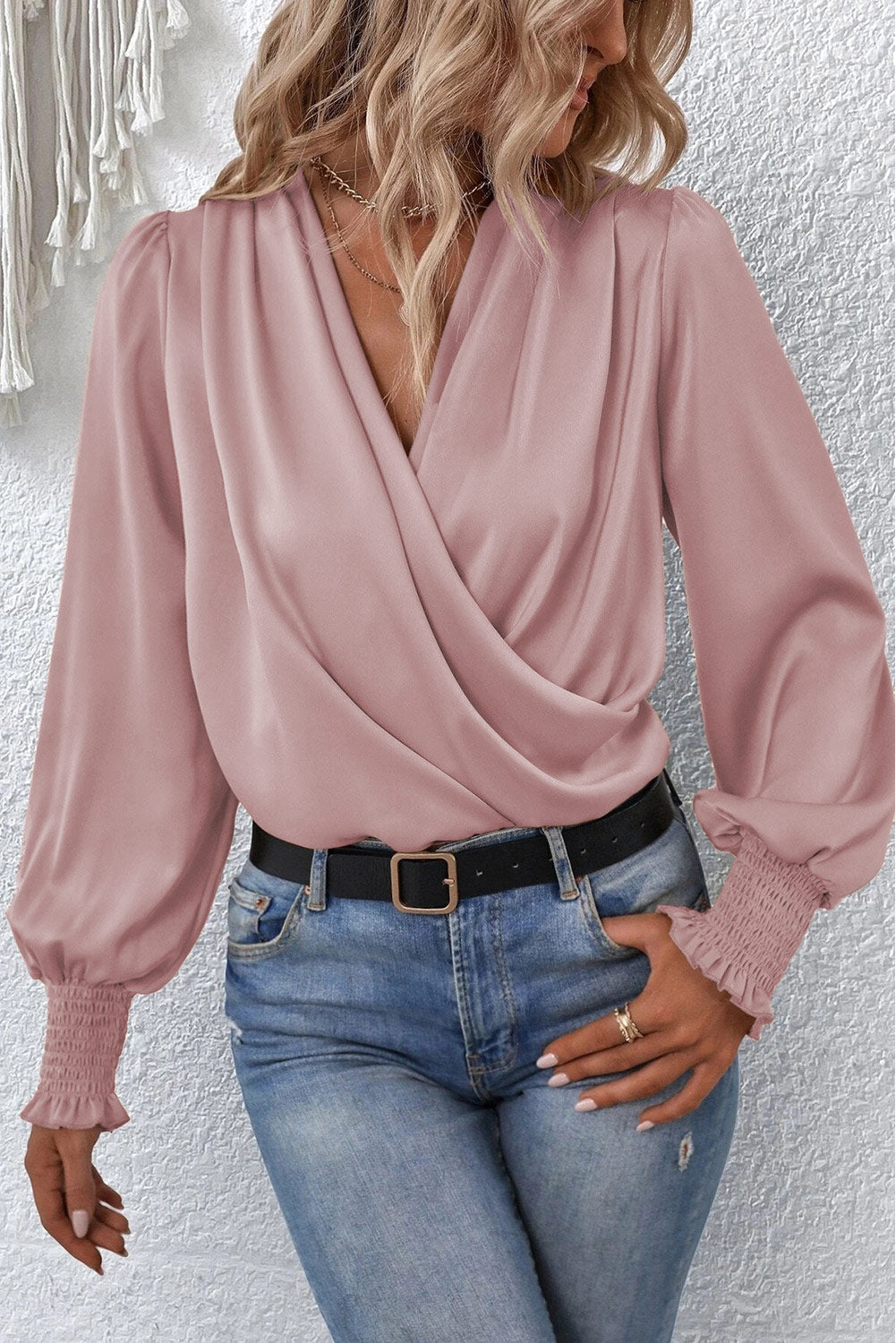 Black Solid Surplice Neck Shirred Cuffs Draped Blouse
