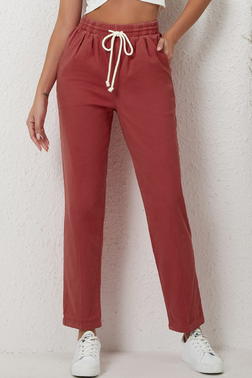 Solid Color Drawstring High Waist Harem Pants