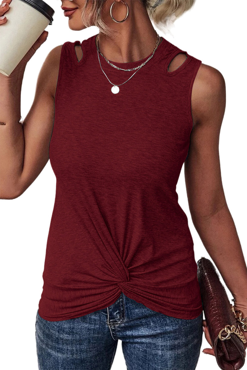 Red Rib Knit Cut-out Front Twist Tank Top