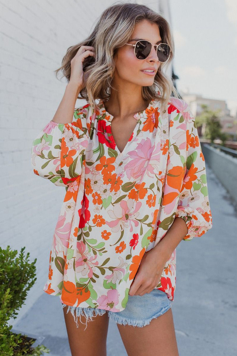 Orange Blooming Flowers Frill Trim Puff Sleeve Blouse