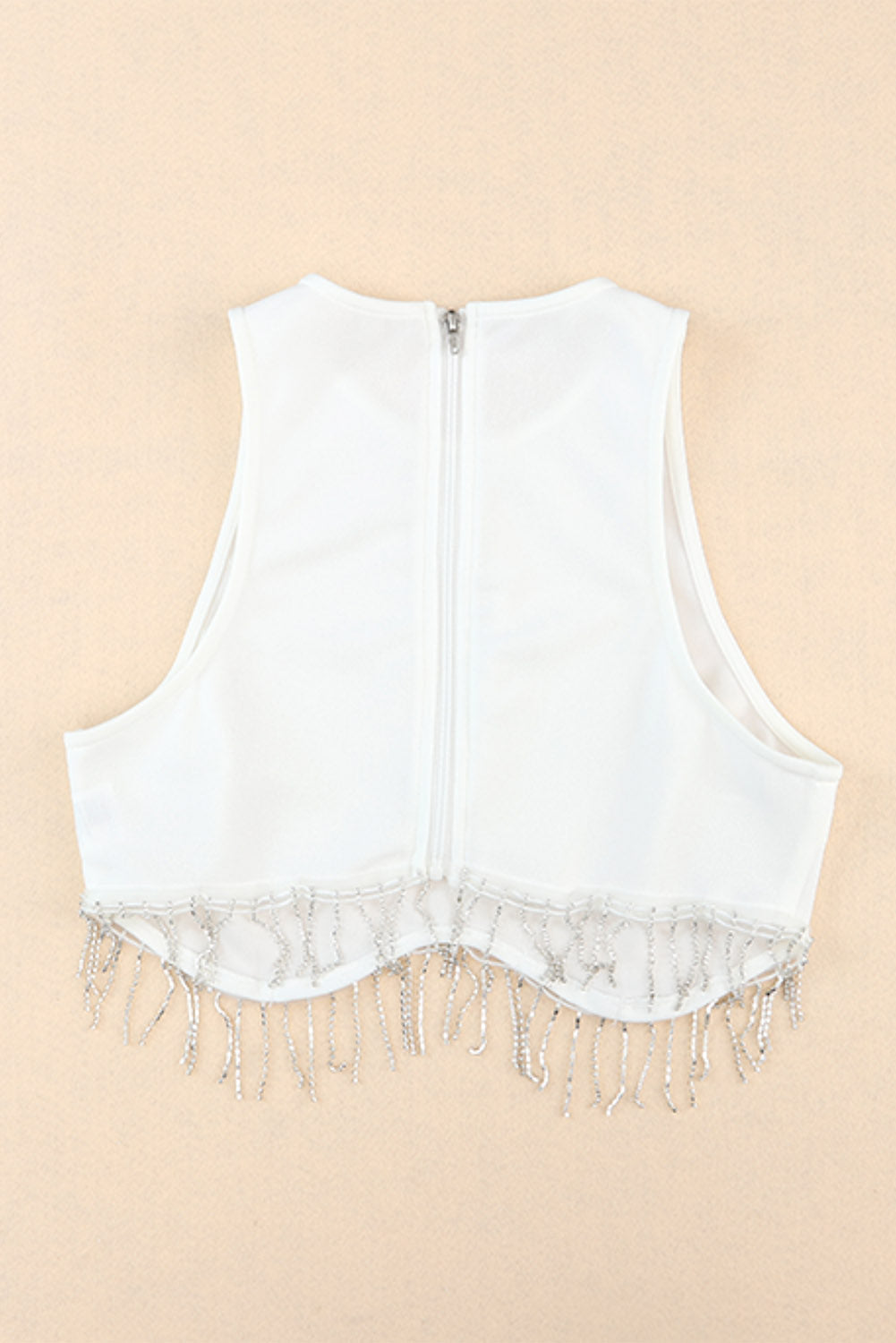 White Rhinestone Fringe Zip Back Round Neck Cropped Tank Top