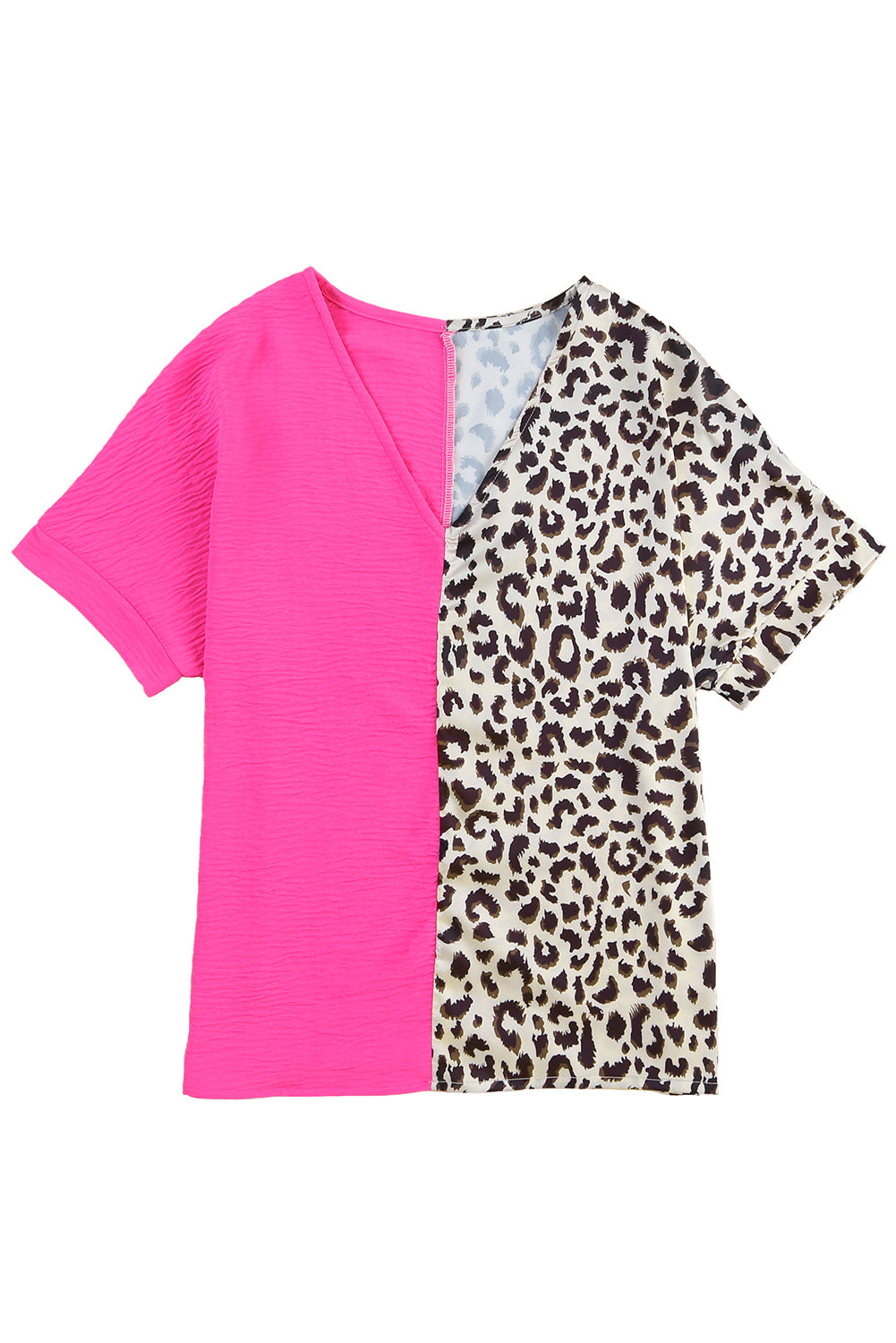 Rose Leopard Color Block Roll Tab Sleeve V Neck Top