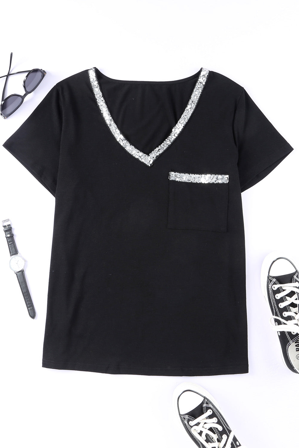 Black Sequin Trim V Neck Chest Pocket Plus Size Tee