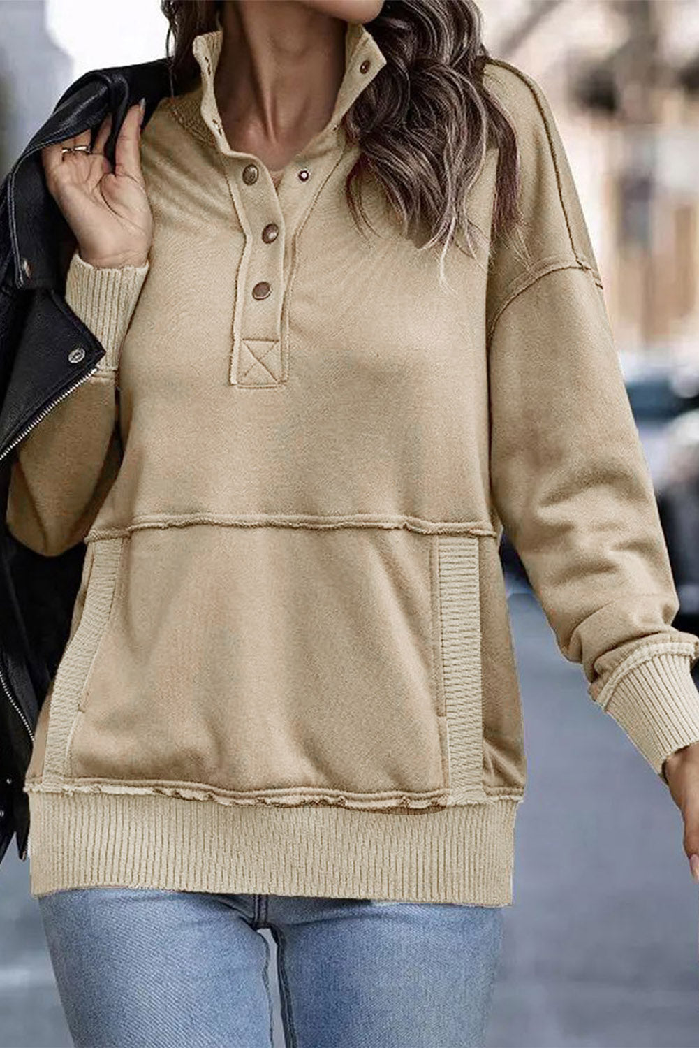 Khaki Ribbed Hem Snap Button Neckline Sweatshirt with Pocket