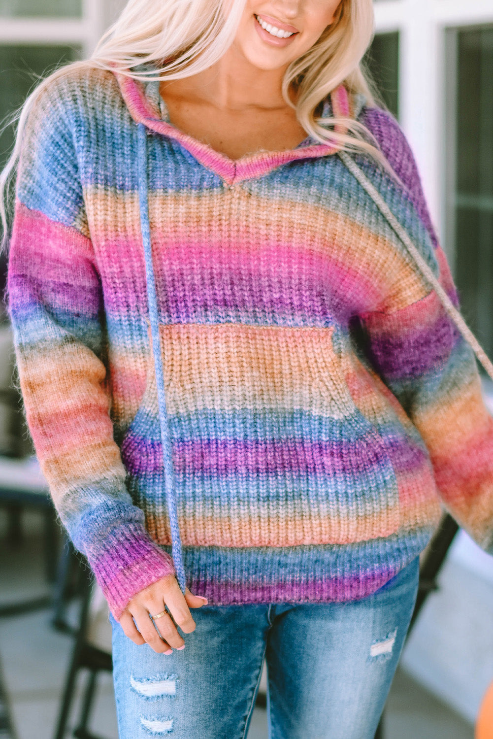 Multicolor Ombre Kangaroo Pocket Hooded Sweater