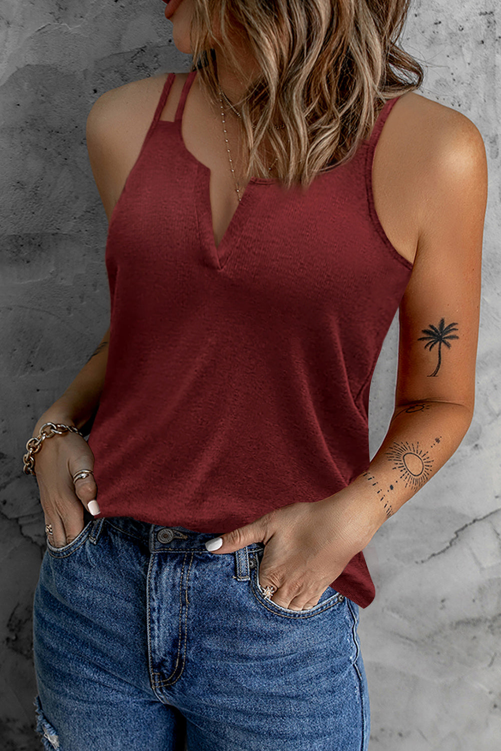 Gray Dual Straps Notched Neck Knit Tank Top