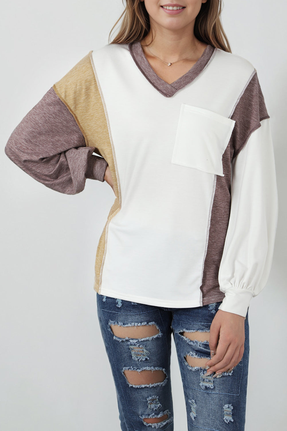 White Colorblock Patchwork Exposed Seam Knit Top