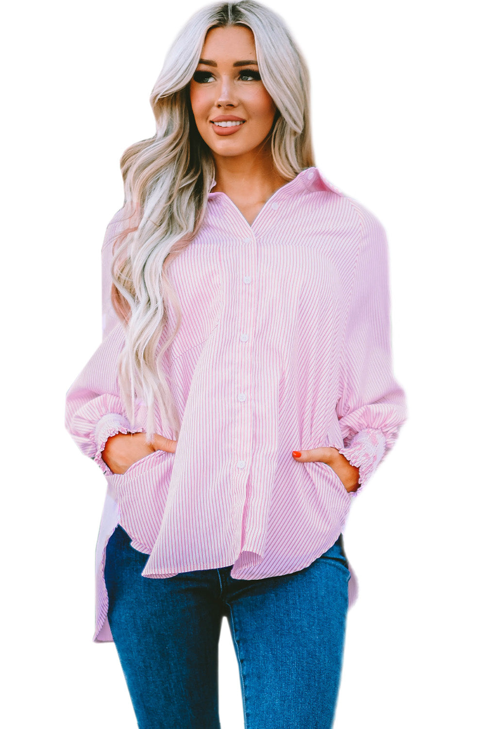 Smocked Cuffed Striped Boyfriend Shirt with Pocket