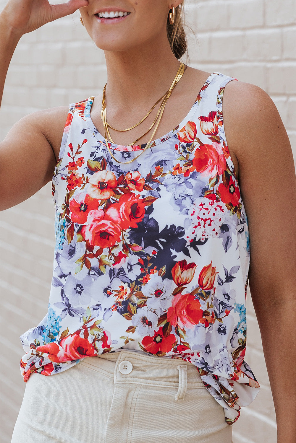 White Floral Print Sleeveless Top