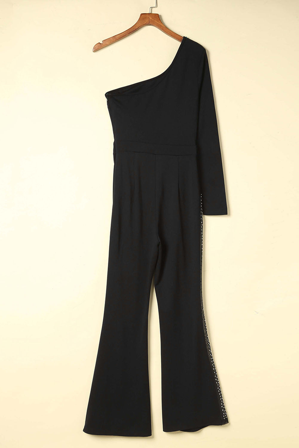 Black One-shoulder Gem Rhinestone Accent Flare Bottom Jumpsuit