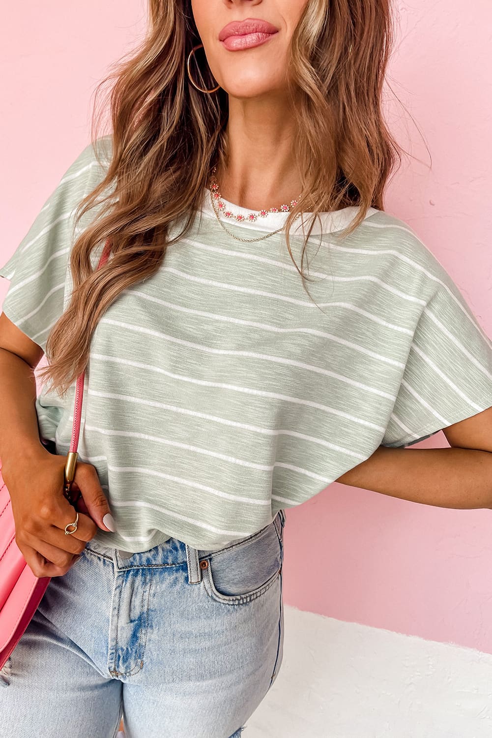 Green Stripe Short Sleeve Round Neck T-Shirt