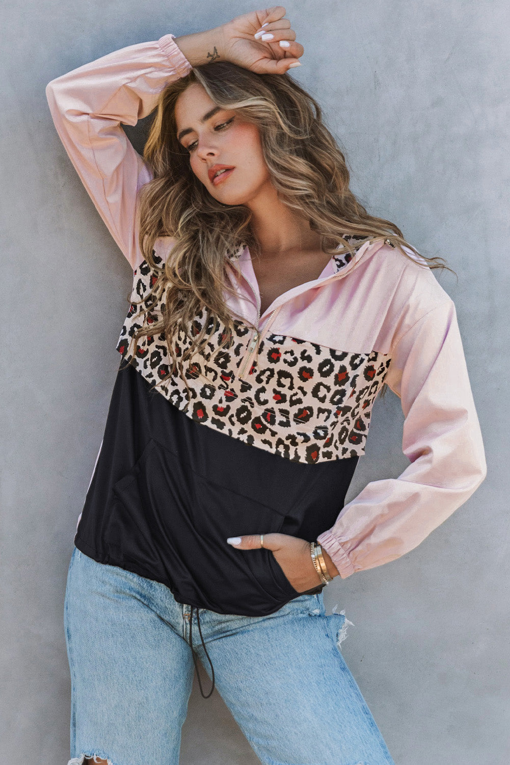 Black Leopard Patchwork Half Zip Pocketed Pullover Hoodie